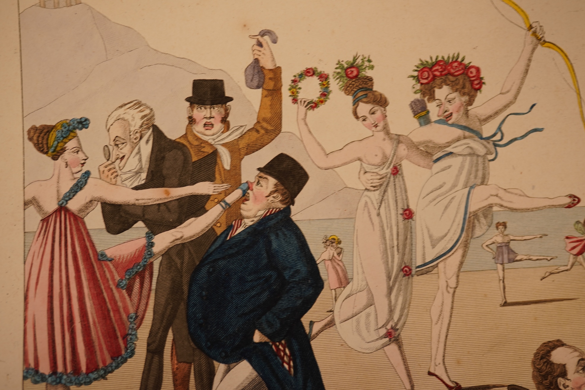 A collection of 18th / 19th century prints and engravings to include ‘Les coulisses de l'Opéra’, satirical engraving published by Paul André Basset, three fashion plates, published 1808 and a collection of French archite